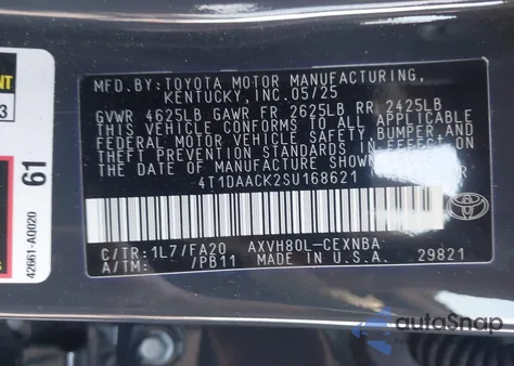 2025 Toyota Camry Le z USA, uszkodzony, nr VIN 4T1DAACK2SU168621